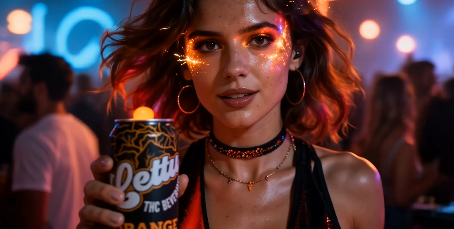 Woman holding Lettus Orange in a neon nightlife scene