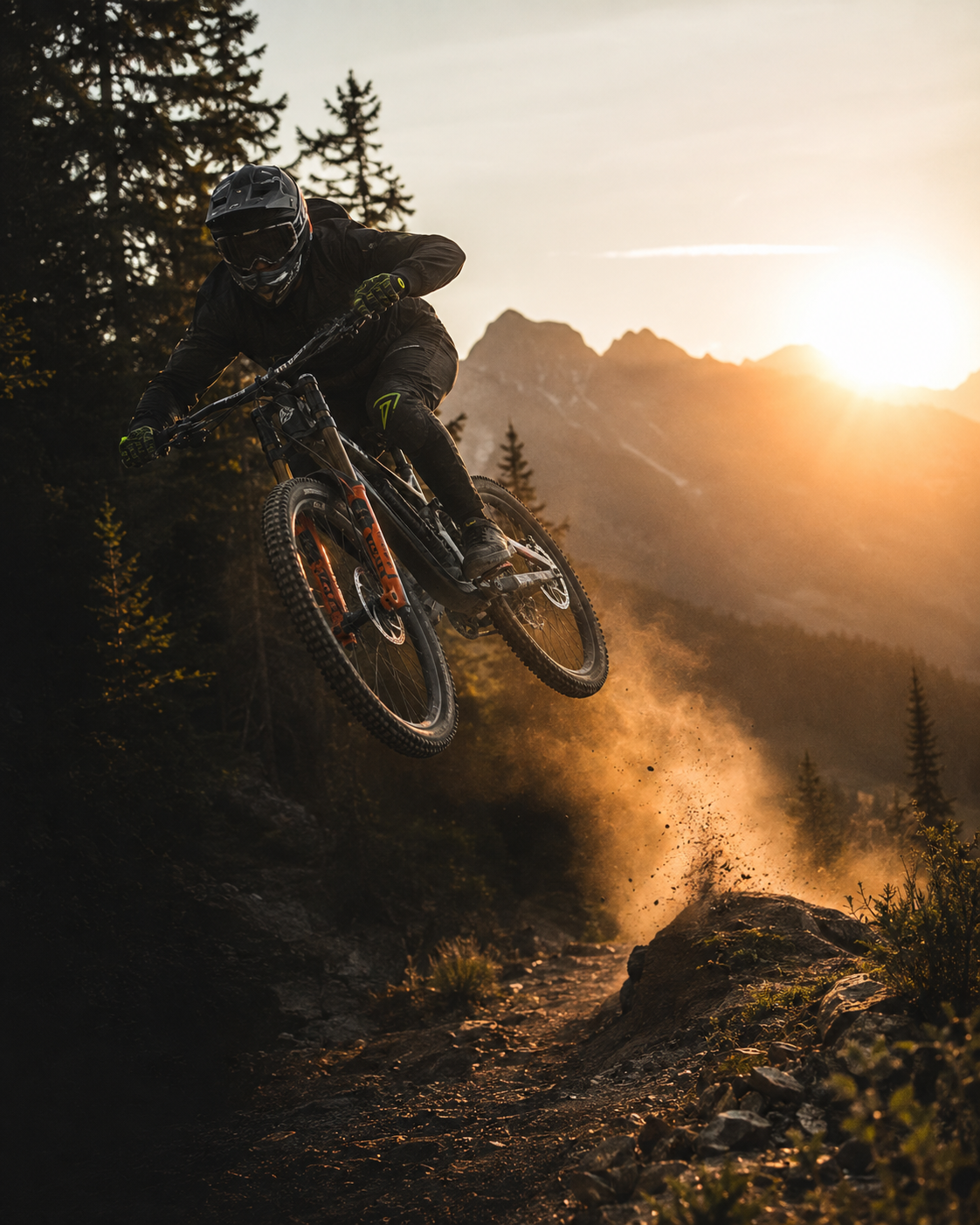 Downhill mountain biker launching through dust at sunrise